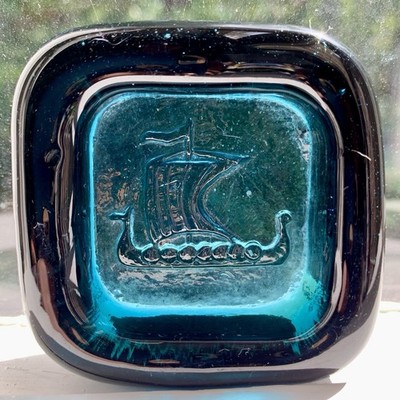 Erik Hoglund Teal Glass Trinket Dish Viking Ship Swedish Kosta Boda MCM 2 x 2 