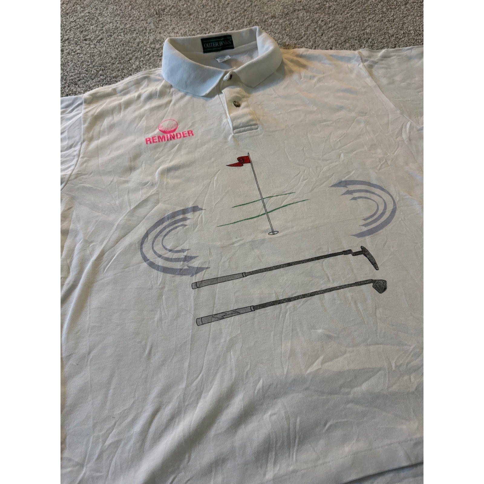 Vintage 90s Outer Banks Golf Polo Mens L USA Novelty Graphic Clubs Putter White