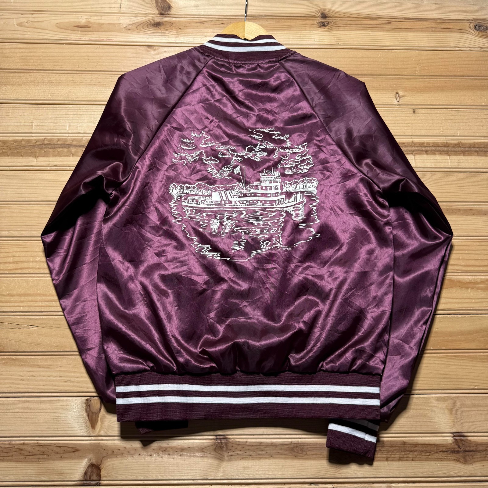 Vintage 80s Riverboat Full Button Graphic Satin Bomber Jacket USA Made - Small