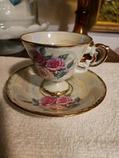 Lugene's Porcelain Tea Cup and Saucer Set Iridescent Finish With Roses And Gold