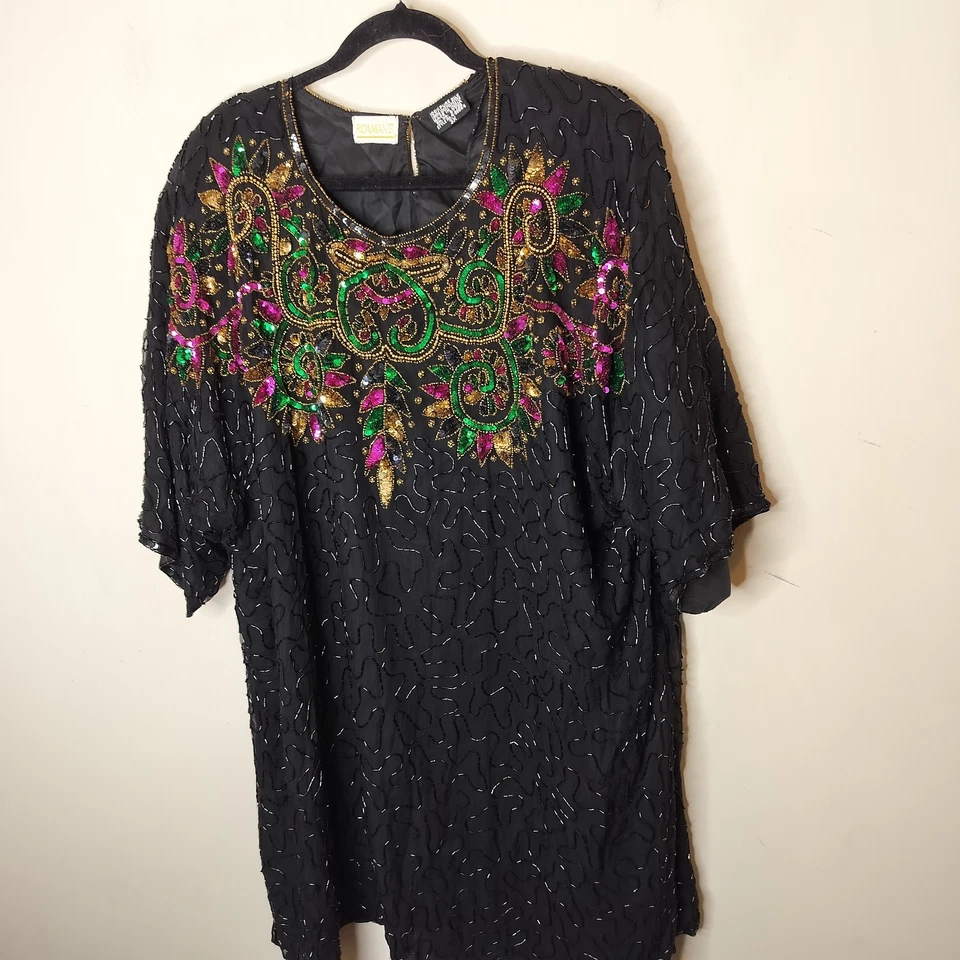 Blusa Top Formal Vintage Roamans Lentejuelas de Seda + Cuentas 3X Plus Mujer Túnica Foto 4 de 4