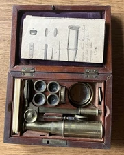 Antique CARY - GOULD Circa 1830 Brass Pocket Microscope  - Complete Set