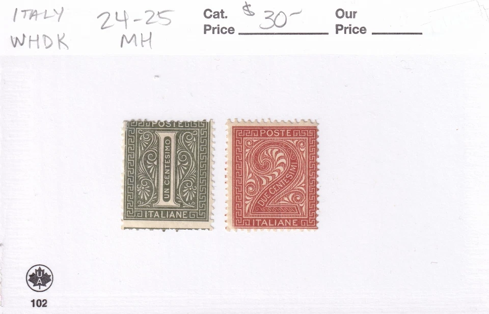 МАРКИ MATT'S ИТАЛИЯ #24-#25 1- И 2-CENTESIMI ВЫПУСКОВ 1863-77, MH CV$30 - Изображение 3 из 3