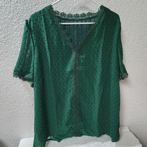 Astylish Women's Lace V Neck Short Sleeve Tunic Top Casual Blouse, Green, 2XL - 第 2/6 張圖片
