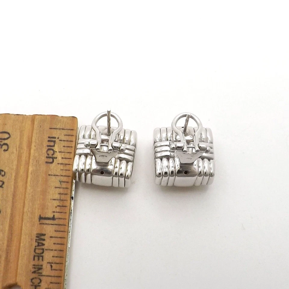 Solid 18k Gold Basket Weave Square Earrings Omega Clip 750 Italy Two Tone New - Image 3 of 4