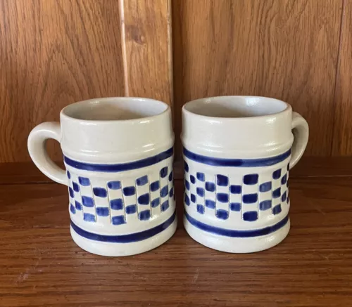 Williamsburg Pottery Small Salt Glazed Checkerboard Blue Tavern Style Mugs