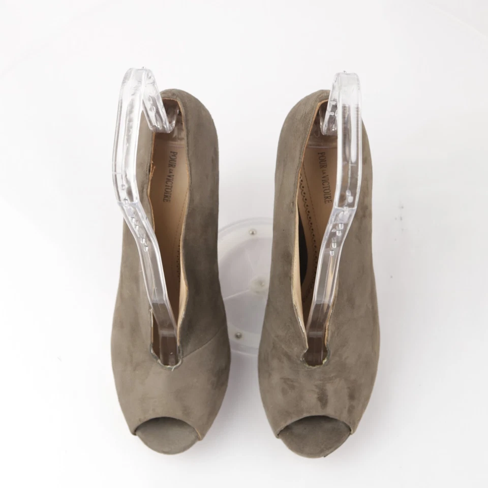 Botín Pour La Victoire para mujer talla 9,5 marrón topo gamuza punta abierta tacón dorado Foto 2 de 4