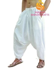 Men Women Cotton Solid White Harem Pants Gypsy Hippie Drop Crotch Trouser Genie