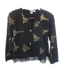 VTG Hand Painted Christmas Tree Beaded Fringe Hem Cardigan Sweater Womens MEDIUM