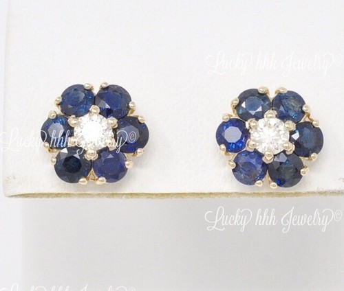 14k Solid Yellow Gold Natural Diamond Sapphire Earring Cluster 3.8 ct made USA - Picture 3 of 6