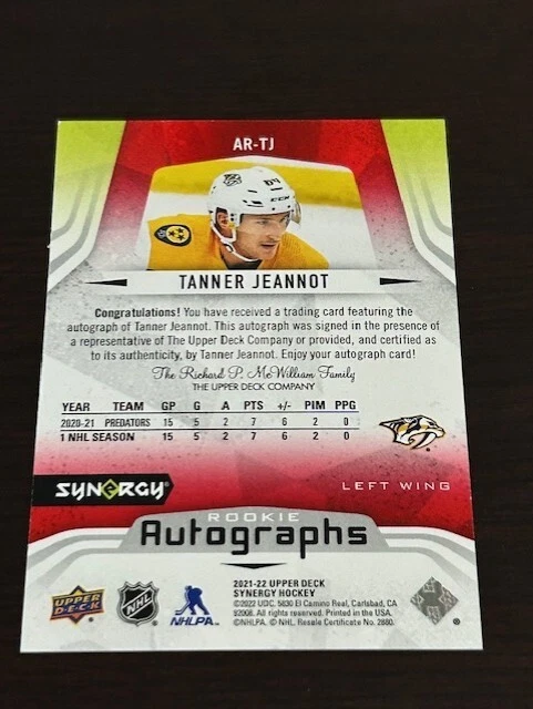 Tanner Jeannot 2021-22 S Upper Deck Synergy Autograph /50 AR-TJ Rookie - Image 2 of 2