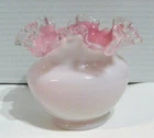 FENTON Cased Glass Silver Crest White Rose Bowl Pink Ruffled 4"X5"