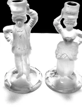 John Ford & Lamp Co. Frosted Flint Glass Colonial Man & Woman Candlestick Set 