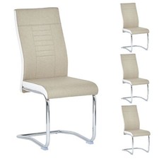 Lot de 4 chaises salle à manger cuisine ALBA piètement chromé tissu beige/blanc