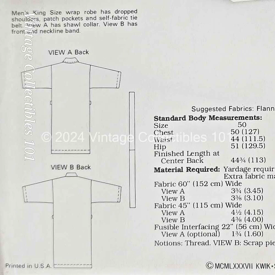 Kwik Sew Pattern 1664 Men's Knee Length Bath Robe King Size 50 52 54 56 Uncut FF - Image 4 of 4