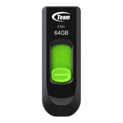 TEAM GROUP Teamgroup 64GB C141 Capless Retractable Black/Green USB Drive, UK Seller