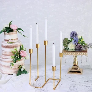 12" Gold 5 Arm Geometric Metal Candelabra Taper Candle Holder Party Decorations - Picture 8 of 9