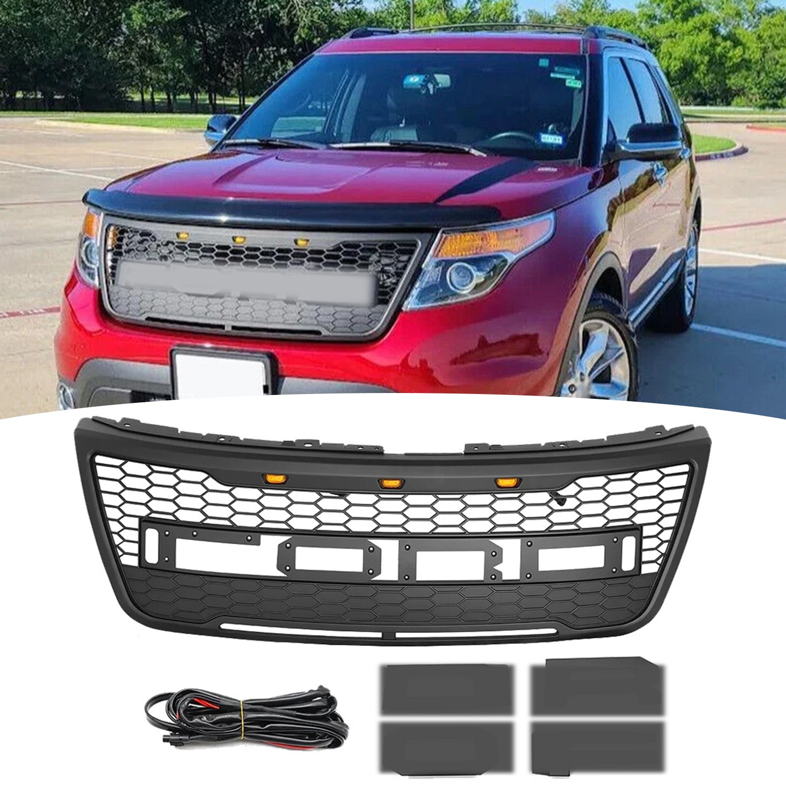 Front Upper Grille For 2011-2015 Ford Explorer W/Letter LEDs Matte Black ABS
