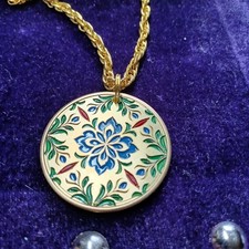 Coin Pendant In Brass .  Engraved And Enameled  .