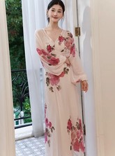 Elegant Women's Floral Printed V Neck Printed Long Sleeve Skirt Satin Slim Dress