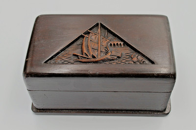 Carved Camphor Wood Box   Chinese Junk Ship Scene   Men s Trinket Box 7''