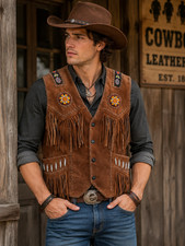 Men s Suede Leather Western Vest Fringe Beaded Cowboy Biker Handmade Brown