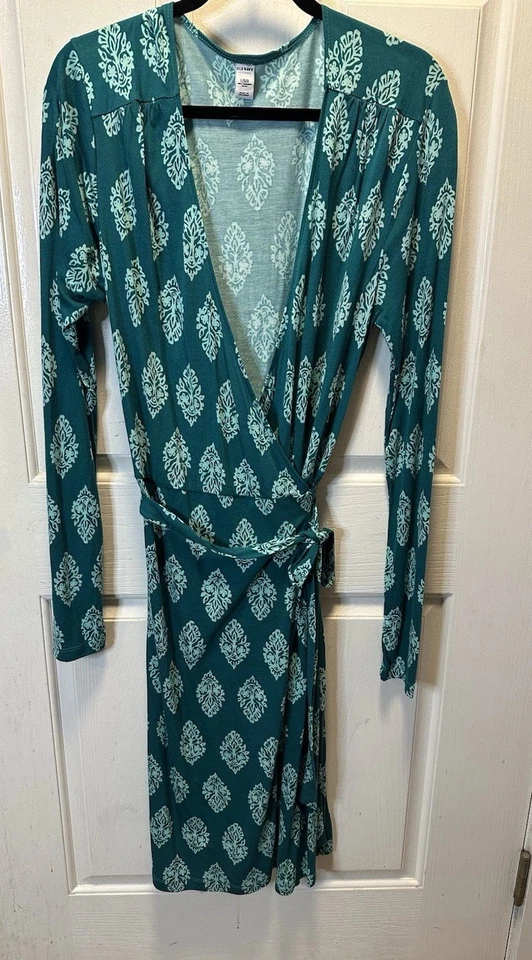 Old Navy Women’s Long Sleeve Wrap Dress with Tie Green Large-Tall - Image 2 of 4