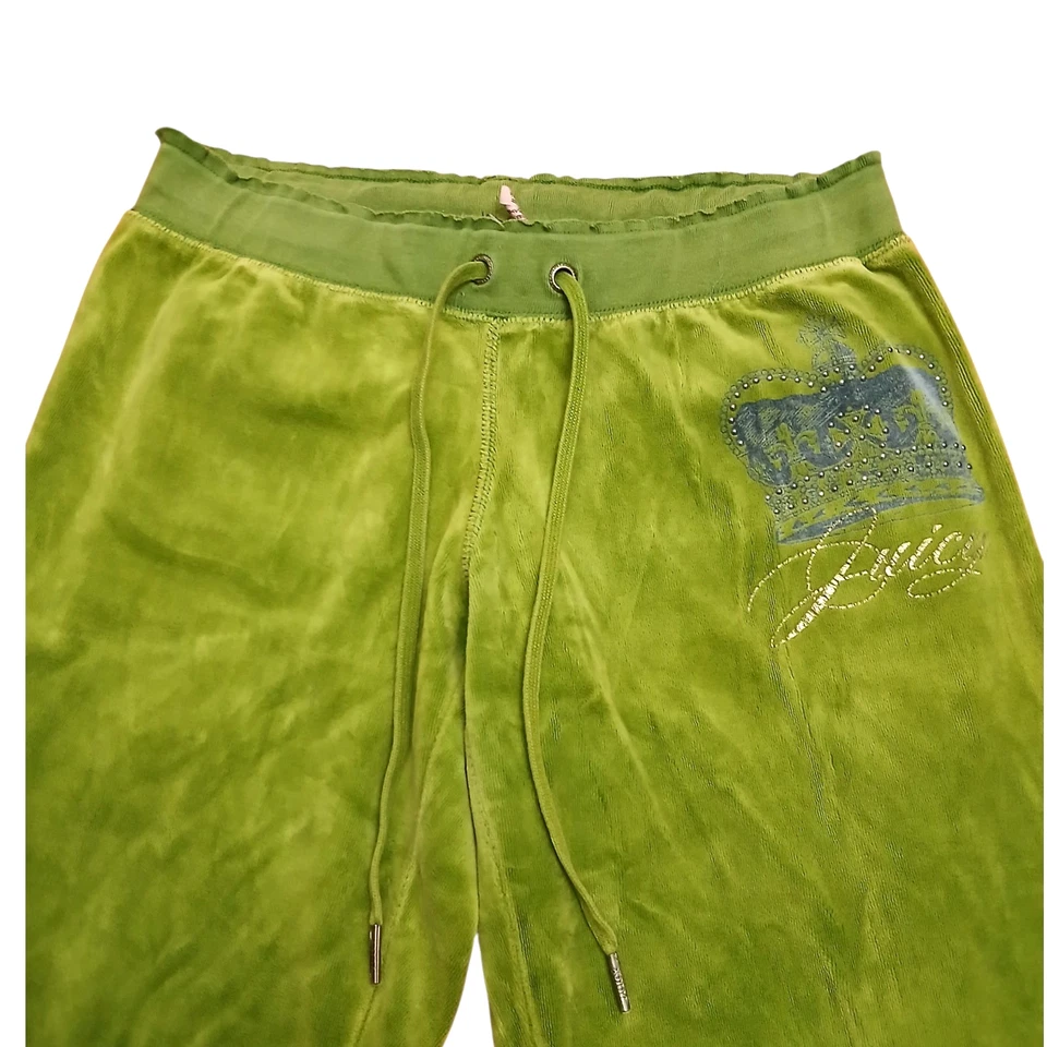Женские брюки Juicy Couture среднего размера зеленые велюровые Y2K с заниженной талией и расширяющимися карманами - Изображение 3 из 4