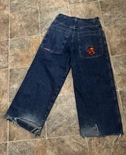 Vintage 90s Y2K JNCO Embroidered Wide Leg Denim Baggy Jeans 33x30 Fire Red Crown