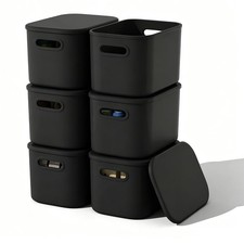 6 Pack Black Storage Bins with Lids Stackable Storage Container for Organizin...