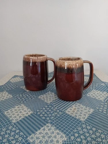 Set Of 2 Hull Pottery Brown Drip Beer Stein/Coffee Mugs