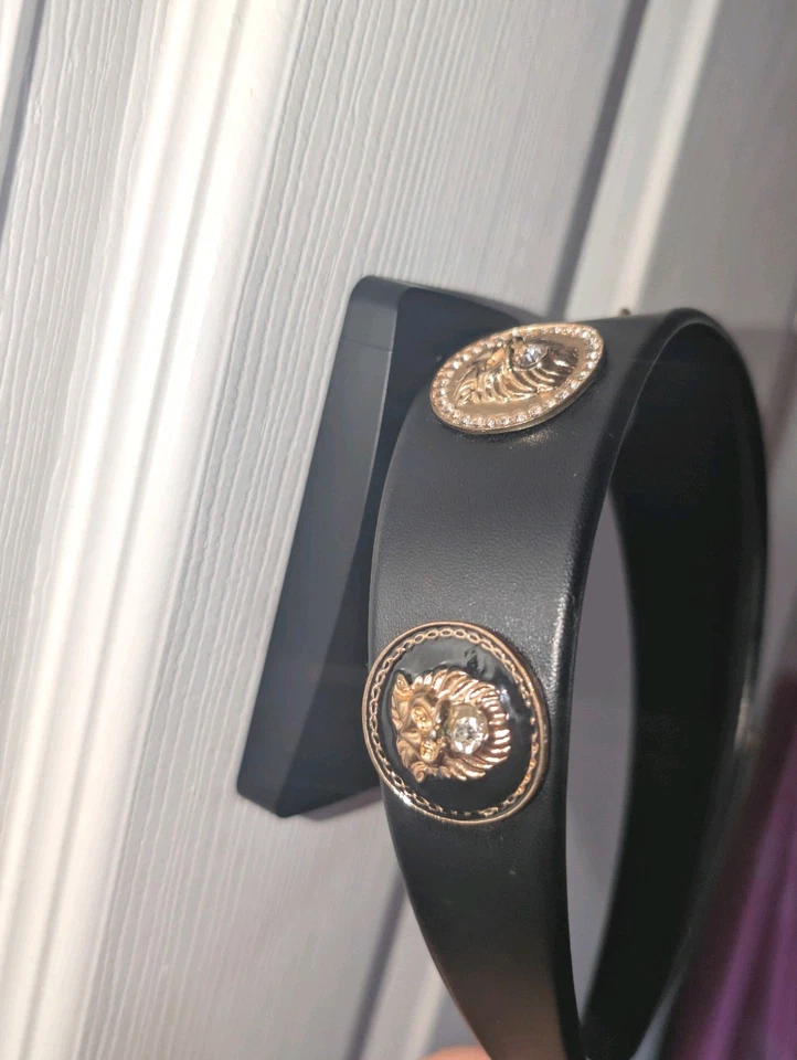 Black Faux Leather Headband Gold Lion Medallion Designer Inspired - Image 2 of 4
