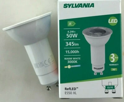 6/12 PACKS OF 74MM GU10 4.2W LED LONG NECK NEW SYLVANIA WARM WHITE 345 LUMENS