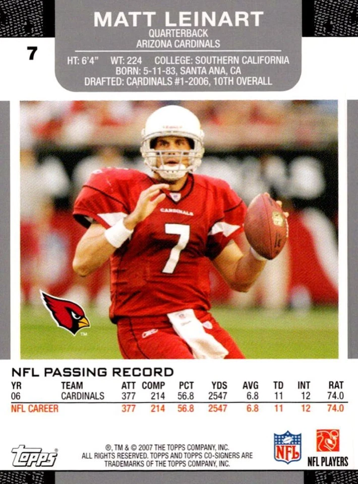 2007 Topps Co-Signers Matt Leinart Arizona Cardinals #7 - Image 2 of 2