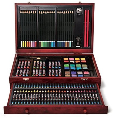 142-Piece Wood Art Set - Sturdy Protective Case w/ Crayons Pastels & Pencils