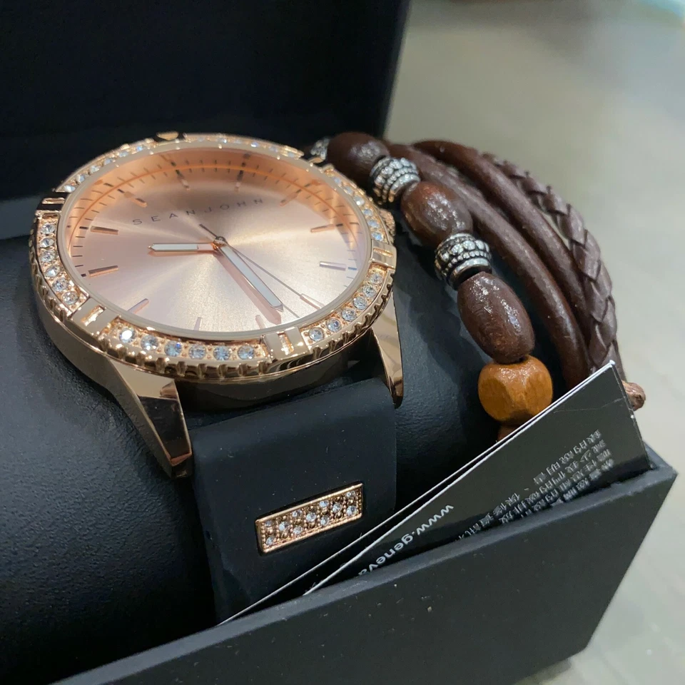 Reloj analógico Sean John para hombre negro oro rosa malversado silicona nuevo SJ50896001 Foto 2 de 4