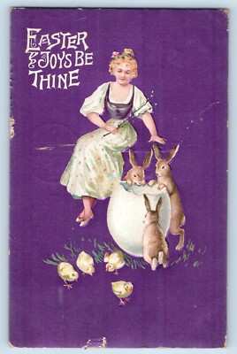 Easter Postcard Pretty Woman Hatched Egg Bunnies Rabbit Chicks Walpole NH 1912