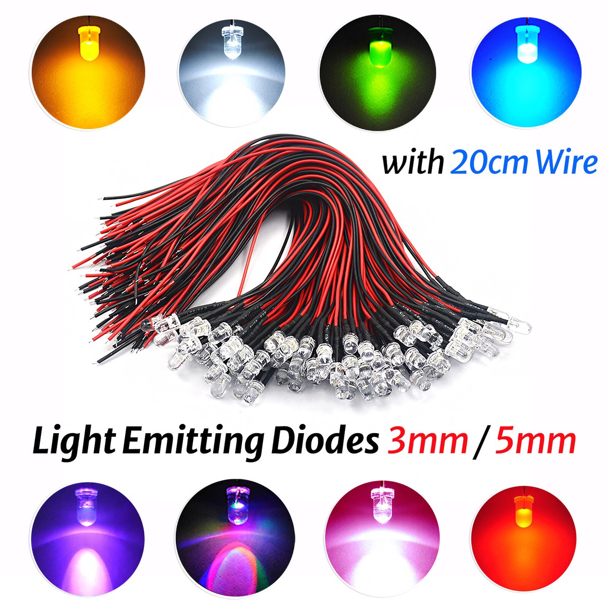 Single Chip LED Multi-color 3mm & 5mm LED With 20cm Cable - 5V To 12V ...
