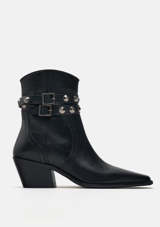 90 ZARA BLACK LEATHER COWBOY ANKLE BOOTS STUD STRAP BLOCK HEEL