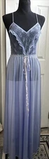 Vintage Vanity Fair Sheer Lacy Gown Silky Nylon Sweep Hem Lavender Ribbon Button