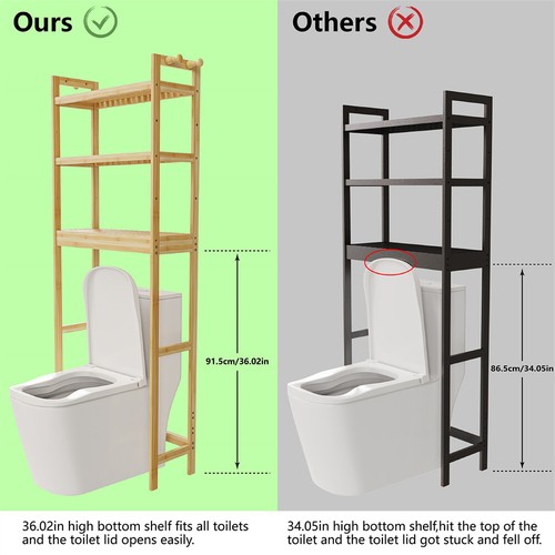 Adjustable Over The Toilet Storage Shelf Large 3-tier Shelves Rack with 2 Hooks - Picture 12 of 12