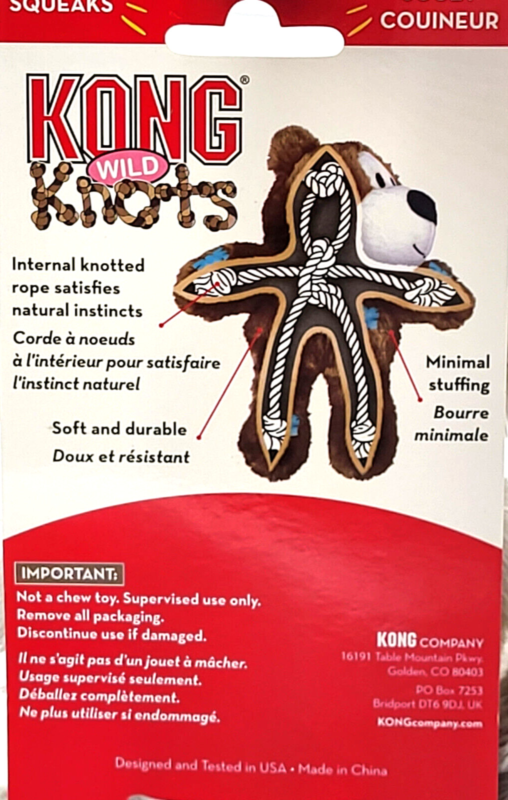 Kong Wild Knots Bear Medium/Large Light Gray Squeaky Plush Dog Toy