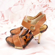 Michael Kors Women Leather Acrylic Sandal Heels Shoe Size 5.5M Brown Gold W/Logo