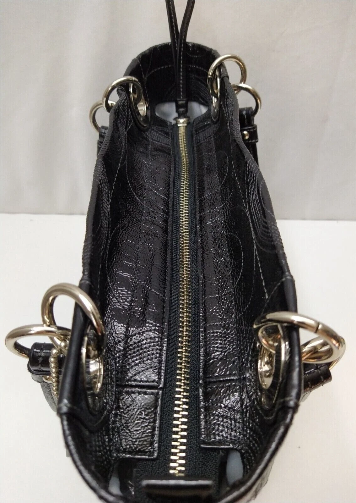 Borsa a tracolla Coach Alex Signature in pelle verniciata nera doppia maniglia