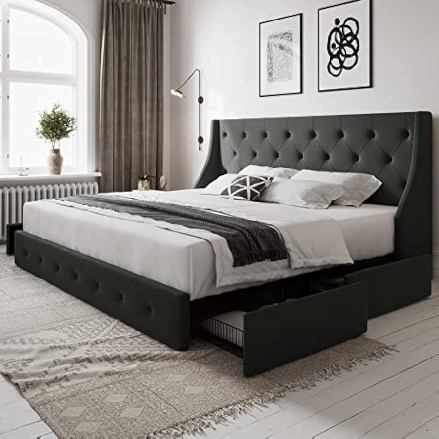 King size bed frame with 4 storage drawers and wingback headboard