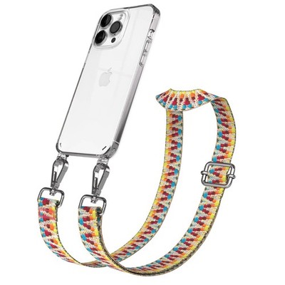 Silikon Hülle mit Band für Apple iPhone 14 Pro Max Kette Regenbogen Mix - Silber