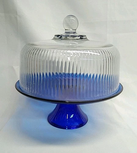 Vintage Anchor Hocking Cobalt Blue Glass Round Cake Plate Stand Ribbed Cover 11"