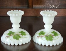 Vintage Set of 2-Consolidated Milk Glass Ivy Design-Candle Holders