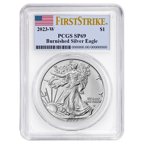 2023-W Burnished $1 American Silver Eagle PCGS SP69 FS Flag Label White Frame