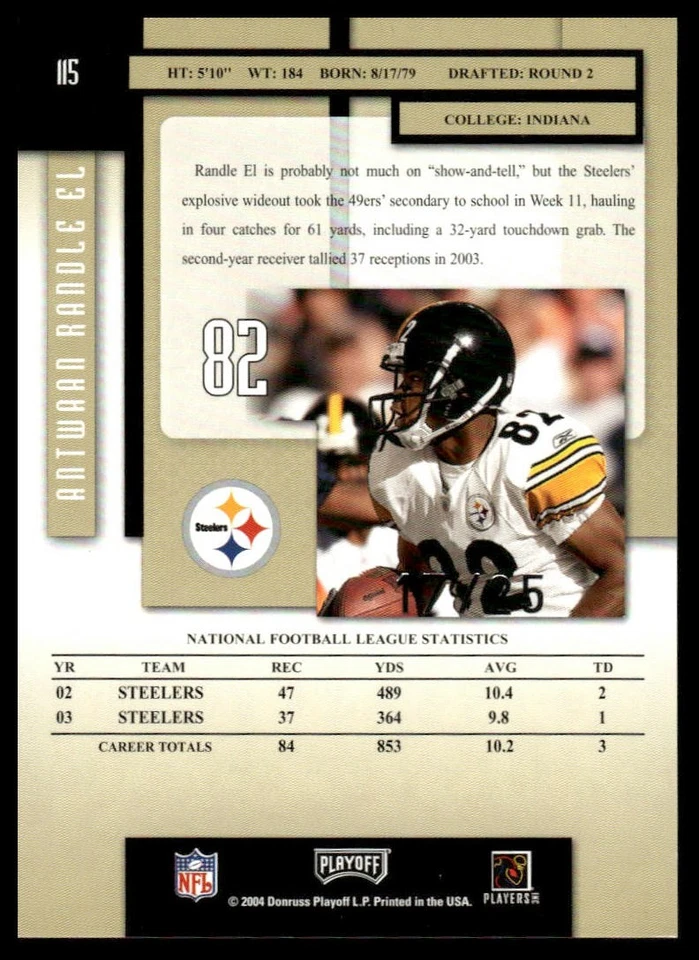 2004 Playoff Prestige #115 Antwaan Randle El Xtra Points Black #/25 - Image 2 of 2